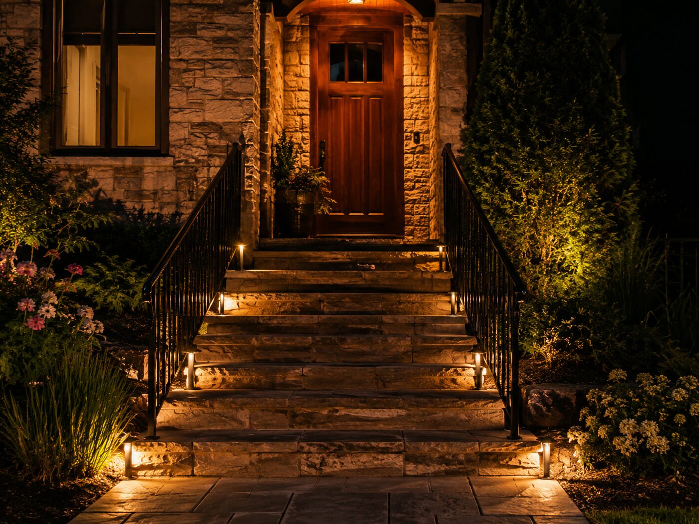 Curved natural stone retaining wall along a concrete driveway with lush green lawn above and tall Georgia pine trees — North Georgia estate hardscape