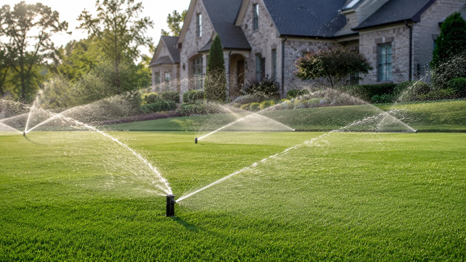 Sprinklers watering a healthy lawn outside a large brick home