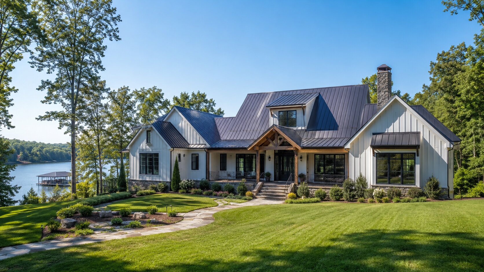 White modern farmhouse with dark metal roof on a Lake Lanier property — manicured green lawn, flagstone walkway, lake and dock visible through mature Georgia trees, morning light