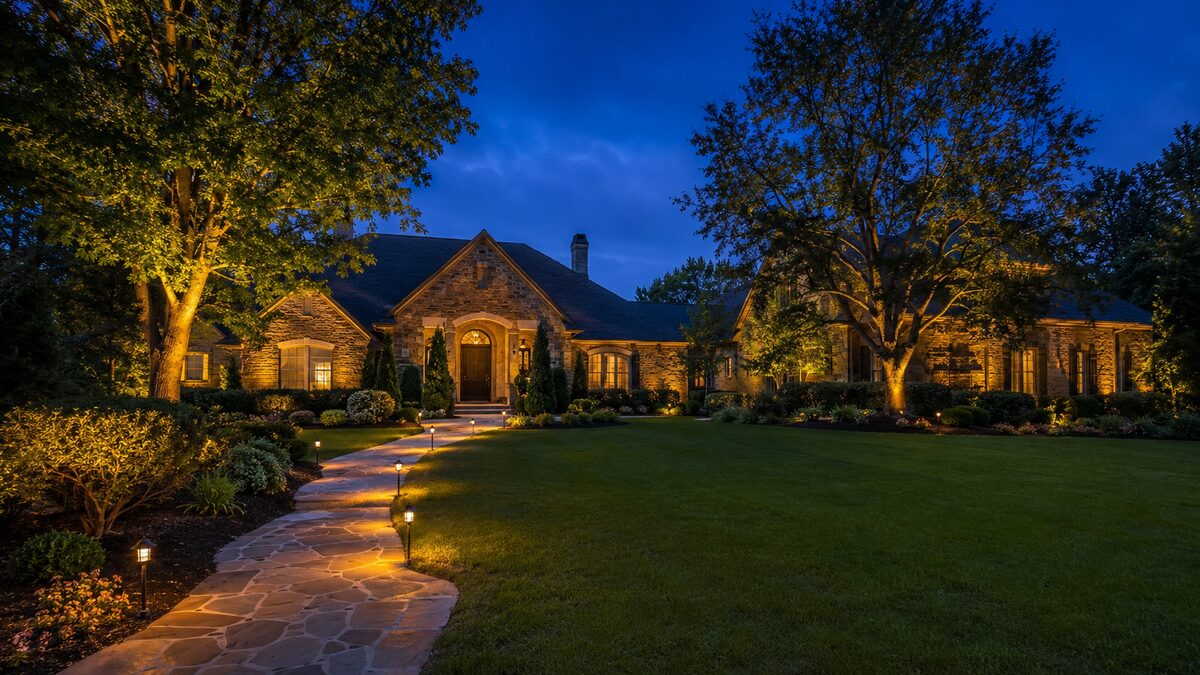 Stone entry steps lit by warm amber bollard lights at night — black iron handrails, flowering shrubs on each side, professional landscape lighting